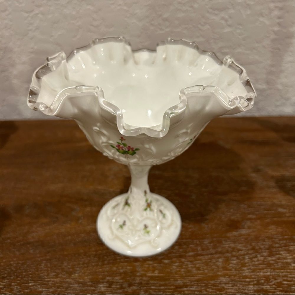 Fenton Hand Painted by Kim Blake Milk Glass Stem Bowl
